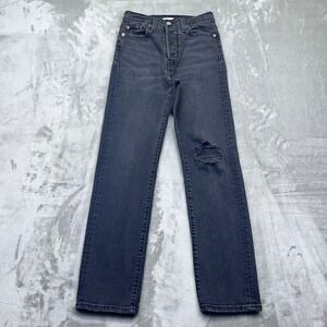 Levi's Wedgie Straight Black Btn Fly Distressed Ripped Jeans Women Sz 26 Fit 24"